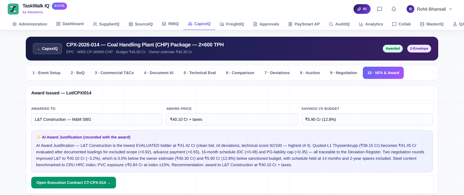 A CapexIQ event on its tenth step, NFA and Award, showing the awarded bidder, award price, savings against budget and an AI award justification