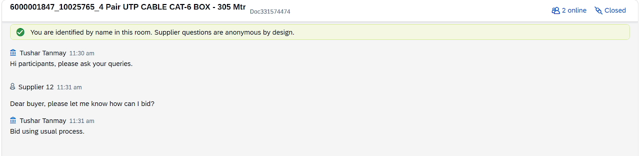 The chat room for one sourcing event: the buyer is identified by name, a supplier asks a question as Supplier 12, and the buyer replies. A notice reads: you are identified by name in this room, supplier questions are anonymous by design