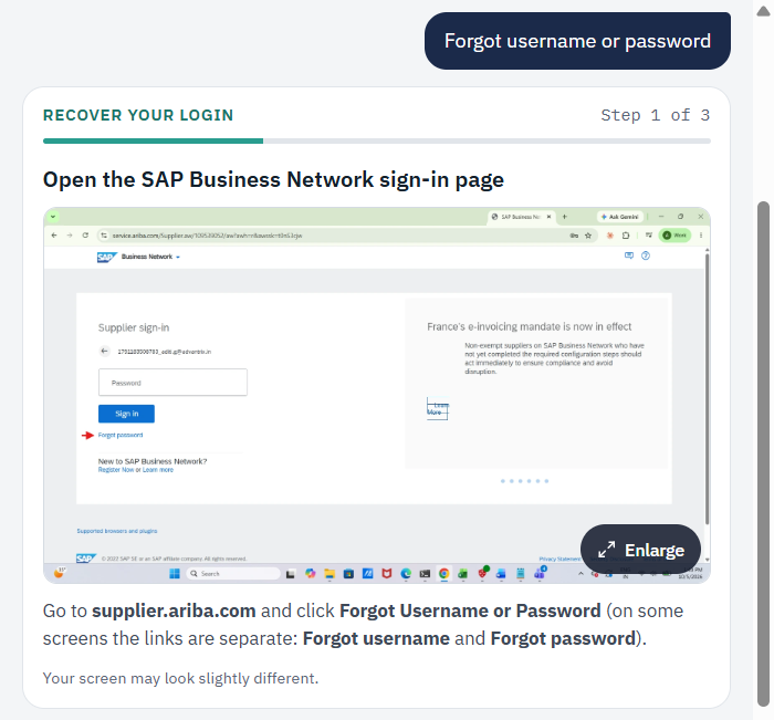 A guided step in the chat. After the supplier chooses forgot username or password, a card titled recover your login shows step 1 of 3, open the SAP Business Network sign-in page, with a screenshot of the page, an arrow on the forgot password link and an enlarge button